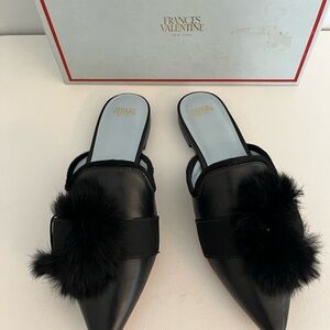 Frances Valentine Paulette Black Leather Mules with Rabbit Fur Accent